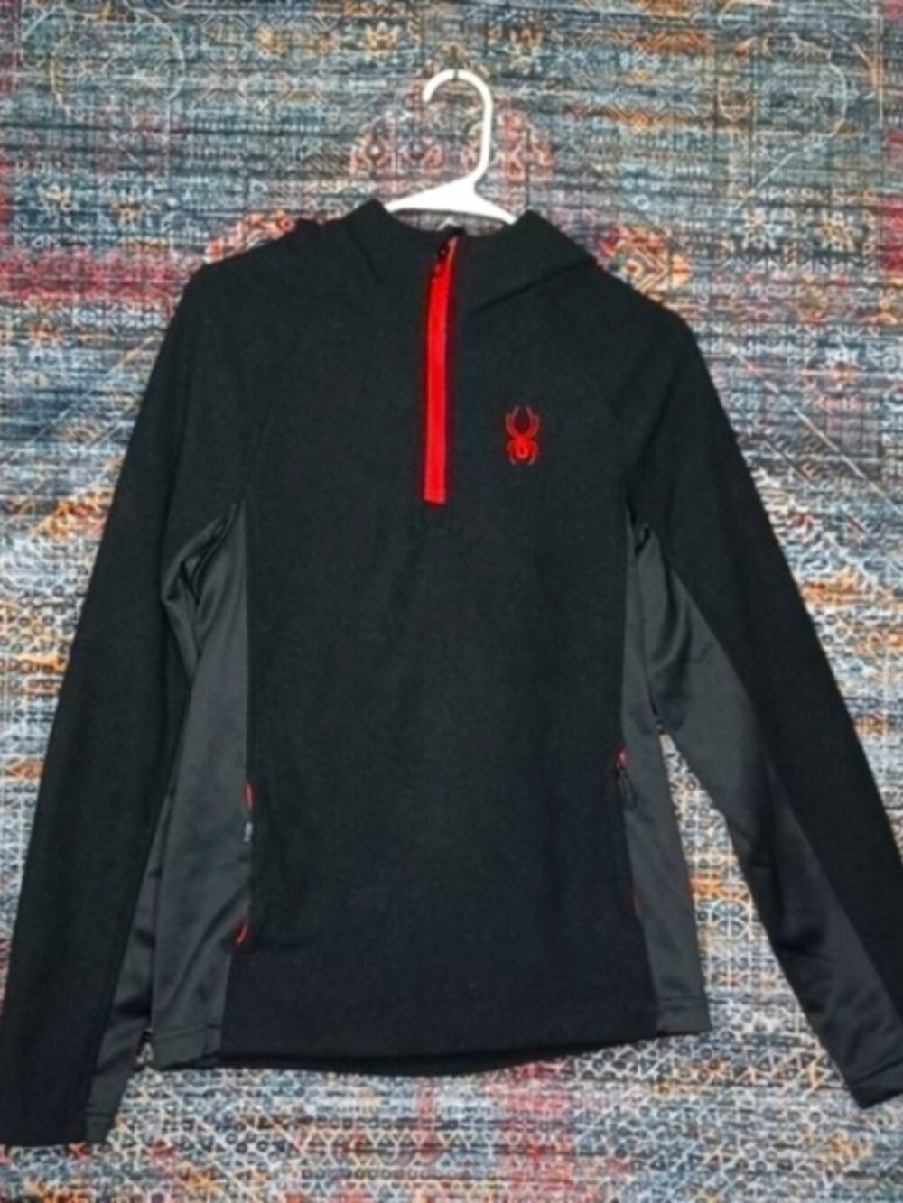 Spyder men black charcoal red trim Boundless 1/2 zip hooded lined pullover S EUC